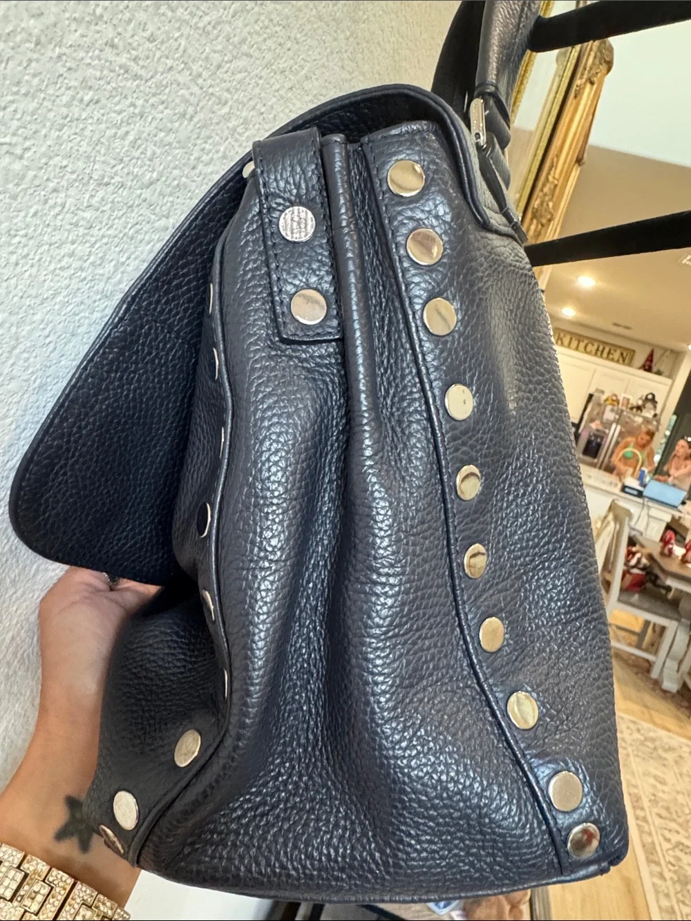 Zanellato Navy Studded Hammered Leather Crossbody Bag EUC